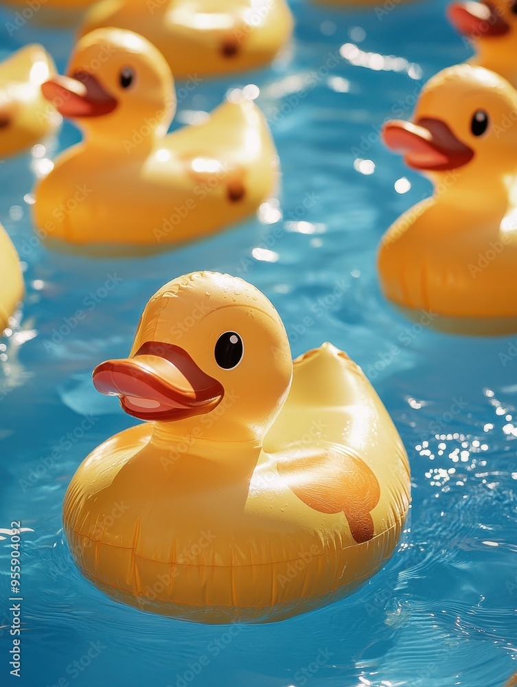 A group of rubber ducks float in a pool A group of rubber ducks float in a pool