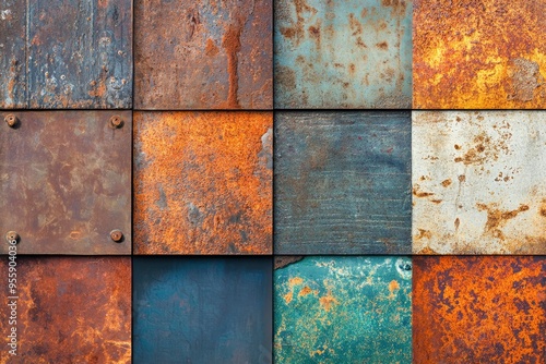 Processed collage of old rusty metal sheet texture in daylight. Background for banner, backdrop or texture for 3D mapping , ai