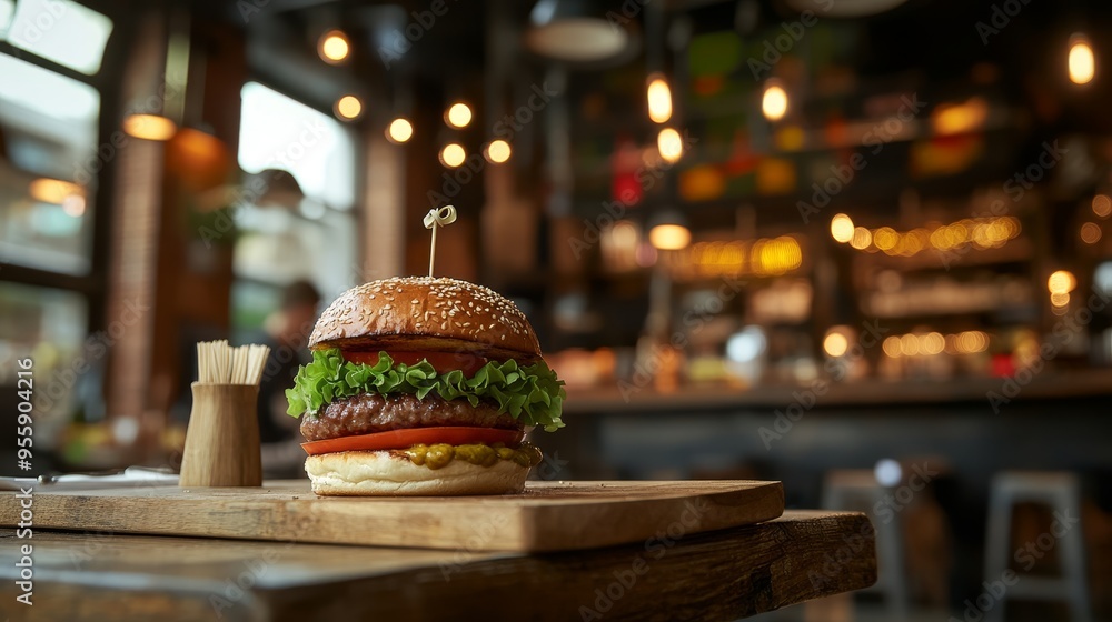 Delicious burger in cozy cafe. Burger background Delicious burger in cozy cafe. Burger background