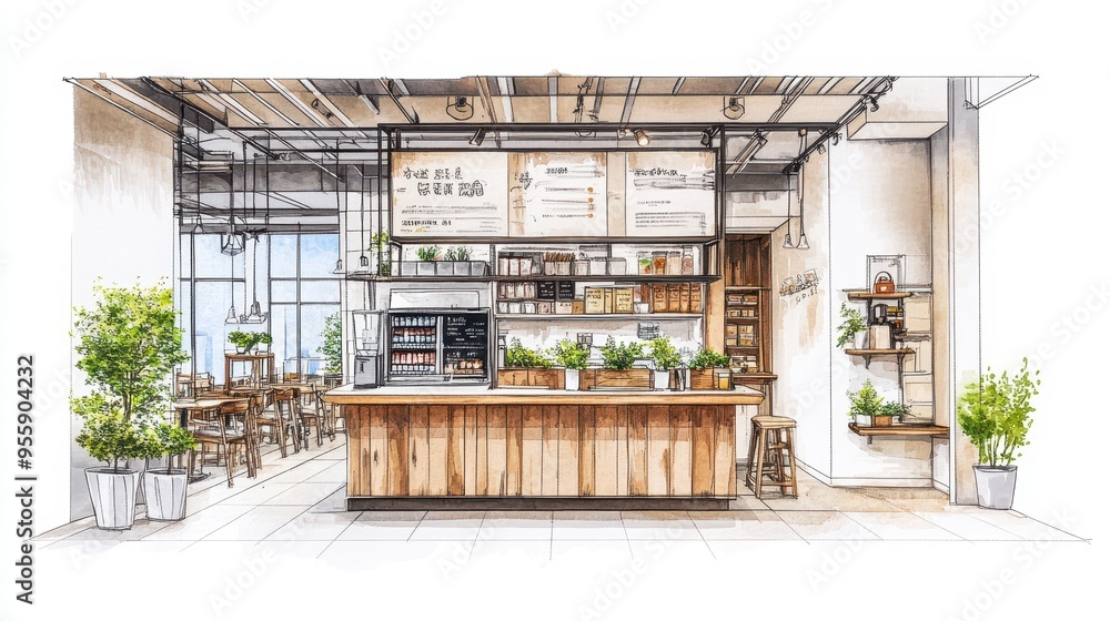 A restaurant with a wooden bar and a potted plant A restaurant with a wooden bar and a potted plant