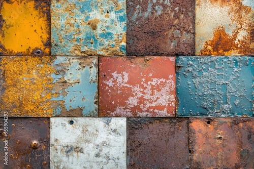 Processed collage of old rusty metal sheet texture in daylight. Background for banner, backdrop or texture for 3D mapping , ai