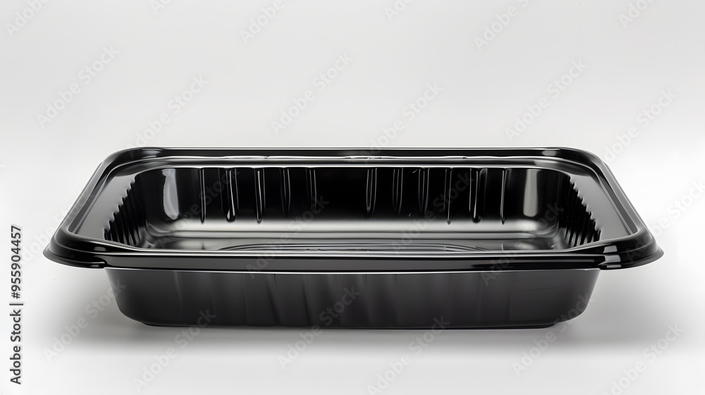 Black plastic rectangular container of Thai food isolated white background Black plastic rectangular container of Thai food isolated white background