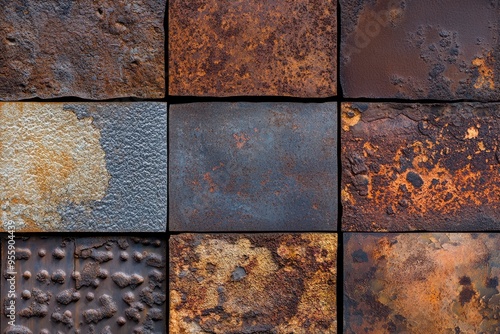 Processed collage of old rusty metal sheet texture in daylight. Background for banner, backdrop or texture for 3D mapping , ai