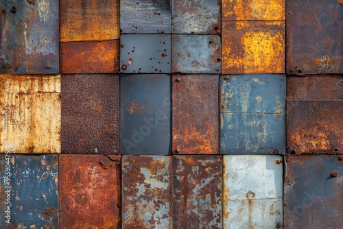 Processed collage of old rusty metal sheet texture in daylight. Background for banner, backdrop or texture for 3D mapping , ai