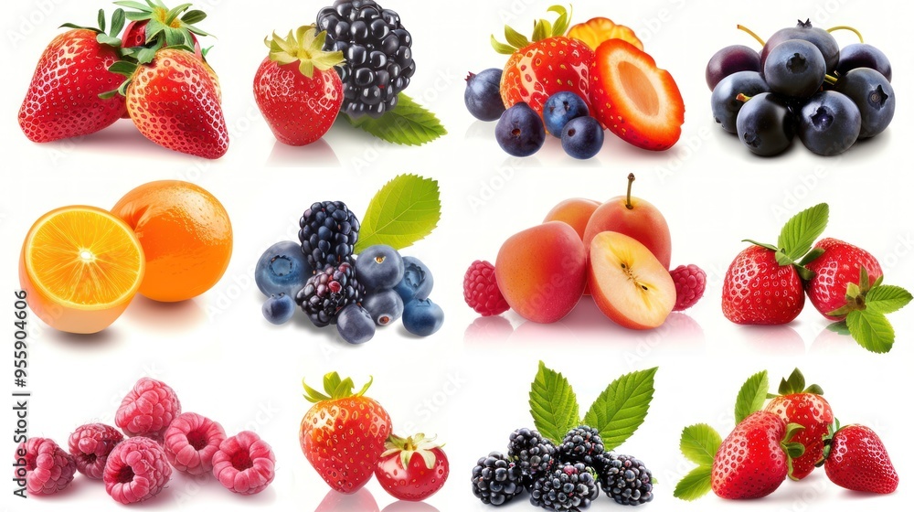 High quality realistic vector set of fruits and berries. Bright colors spread out on a white background. High quality realistic vector set of fruits and berries. Bright colors spread out on a white background.