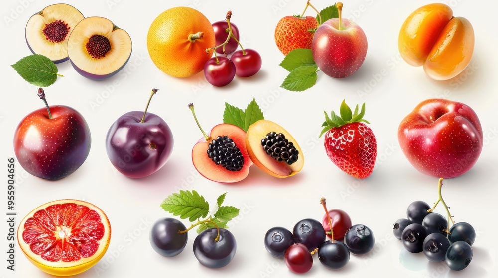 High quality realistic vector set of fruits and berries. Bright colors spread out on a white background. High quality realistic vector set of fruits and berries. Bright colors spread out on a white background.