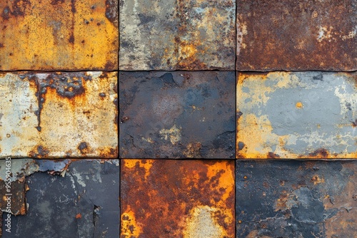 Processed collage of old rusty metal sheet texture in daylight. Background for banner, backdrop or texture for 3D mapping , ai