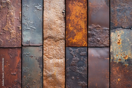 Processed collage of old rusty metal sheet texture in daylight. Background for banner, backdrop or texture for 3D mapping , ai