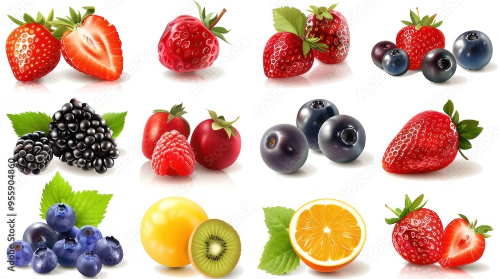 High quality realistic vector set of fruits and berries. Bright colors spread out on a white background. High quality realistic vector set of fruits and berries. Bright colors spread out on a white background.