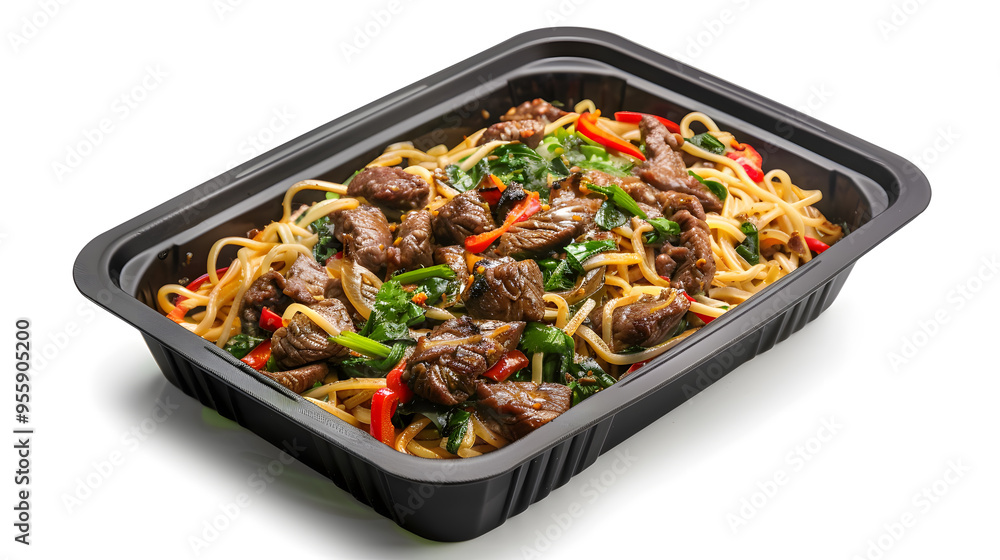 Black plastic rectangular container of Thai food isolated white background Black plastic rectangular container of Thai food isolated white background