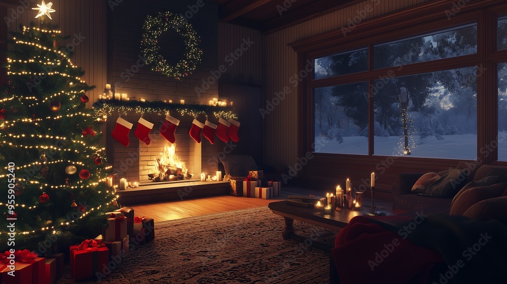 Cozy Christmas Cabin with Fireplace and Snowy View | 暖炉と雪景色が楽しめる居心地の良いクリスマスのリビング Cozy Christmas Cabin with Fireplace and Snowy View | 暖炉と雪景色が楽しめる居心地の良いクリスマスのリビング