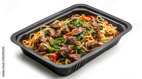 Black plastic rectangular container of Thai food isolated white background