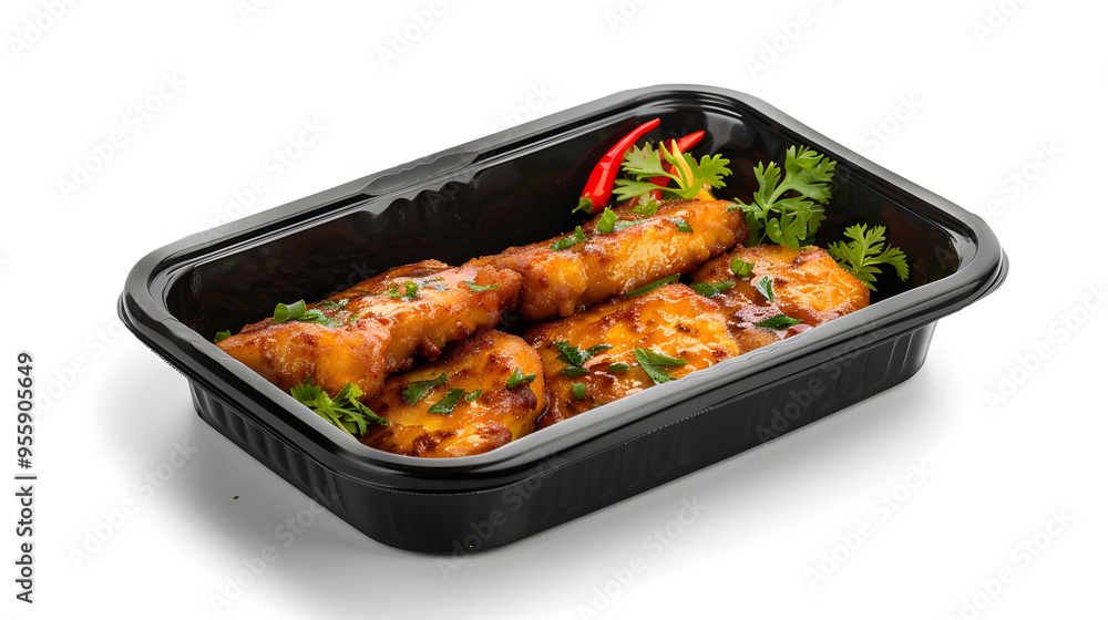 Black plastic rectangular container of Thai food isolated white background Black plastic rectangular container of Thai food isolated white background