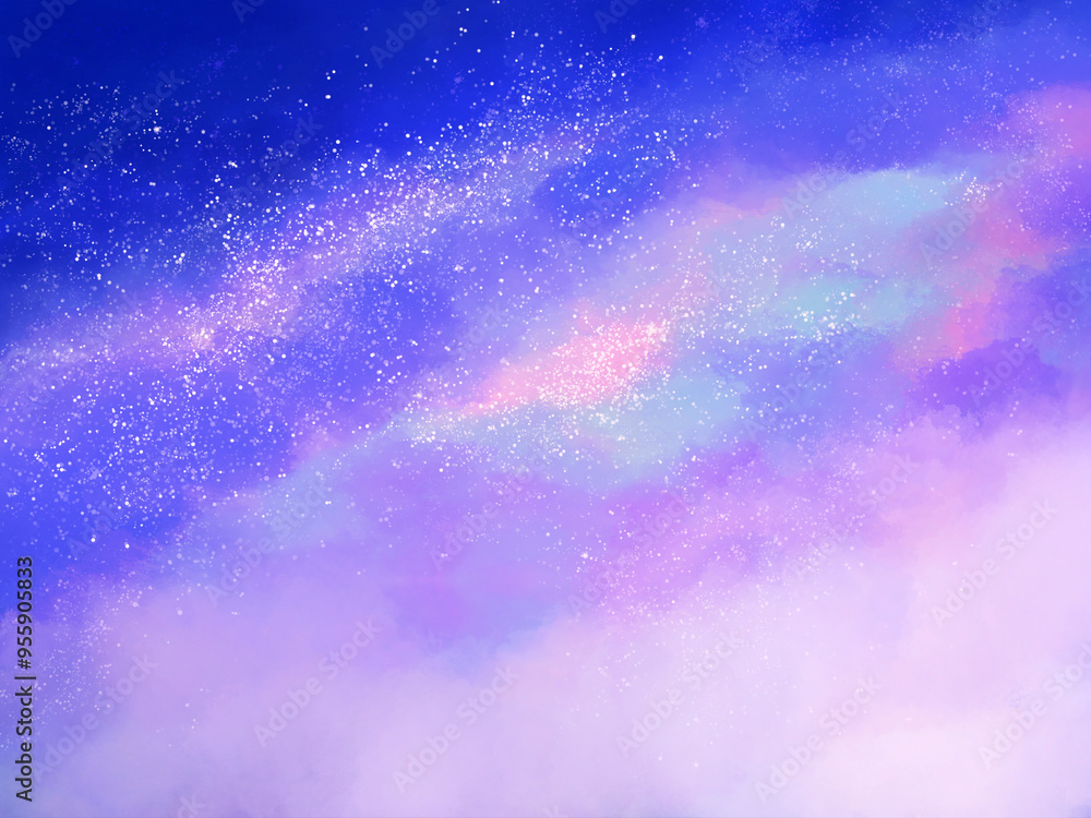 Obraz premium 宇宙、銀河、夜空の手描きイラスト 青と紫のグラデーションにたくさんの星が輝く夜明け前の空