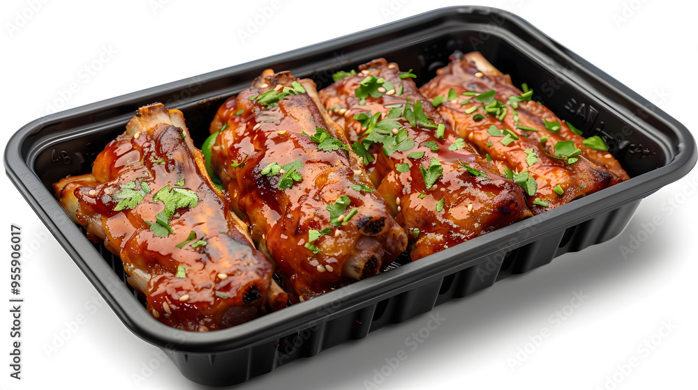 Fototapeta premium Black plastic rectangular container of Thai food isolated white background