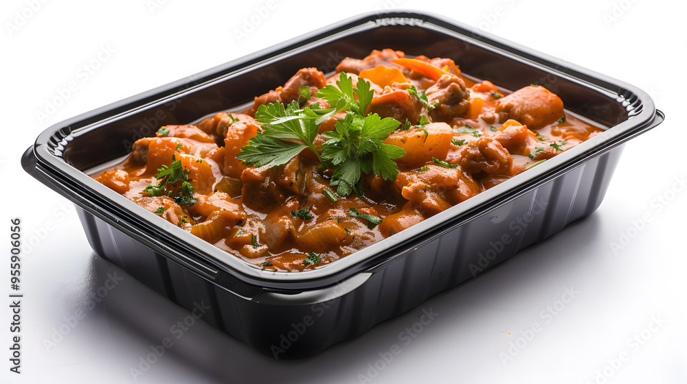 Black plastic rectangular container of Thai food isolated white background Black plastic rectangular container of Thai food isolated white background