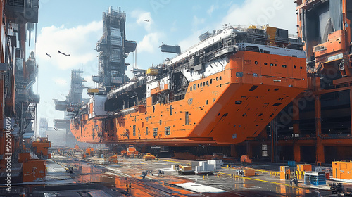 Cargo ship assembly. Cargo ship factory.