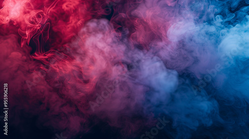 Abstract swirling smoke in red and blue tones on a dark background