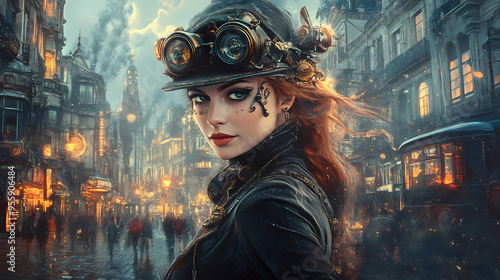 A portrait of an attractive steampunk style woman in the town. created with generative ai, no one recognisable. not a real person. Steampunk. Illustration photo