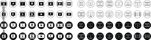 Play video button icons Set. Trendy circle vectors in flat, line style. Radio symbols video player arrow. Music play illustration for app and website design. Start video sign on transparent background