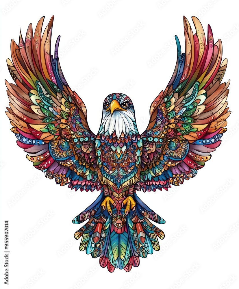 Fototapeta premium A colorful, intricately designed eagle with vibrant feathers and patterns.