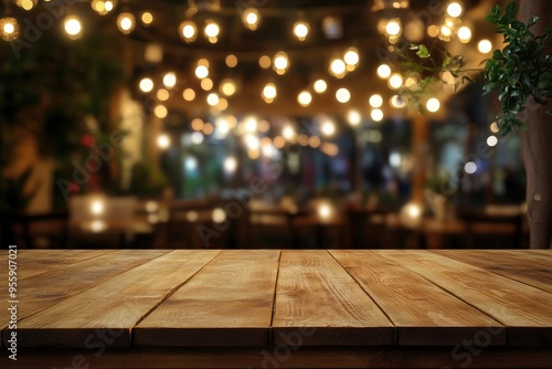 Empty wooden table top with lights bokeh on blur restaurant background , ai