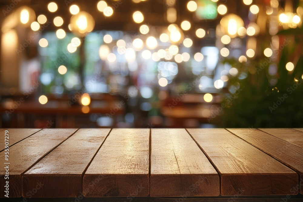 Empty wooden table top with lights bokeh on blur restaurant background , ai Empty wooden table top with lights bokeh on blur restaurant background , ai
