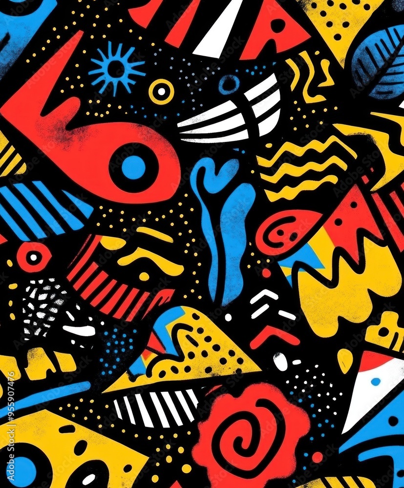 Obraz premium A vibrant abstract design featuring colorful shapes and patterns on a black background.