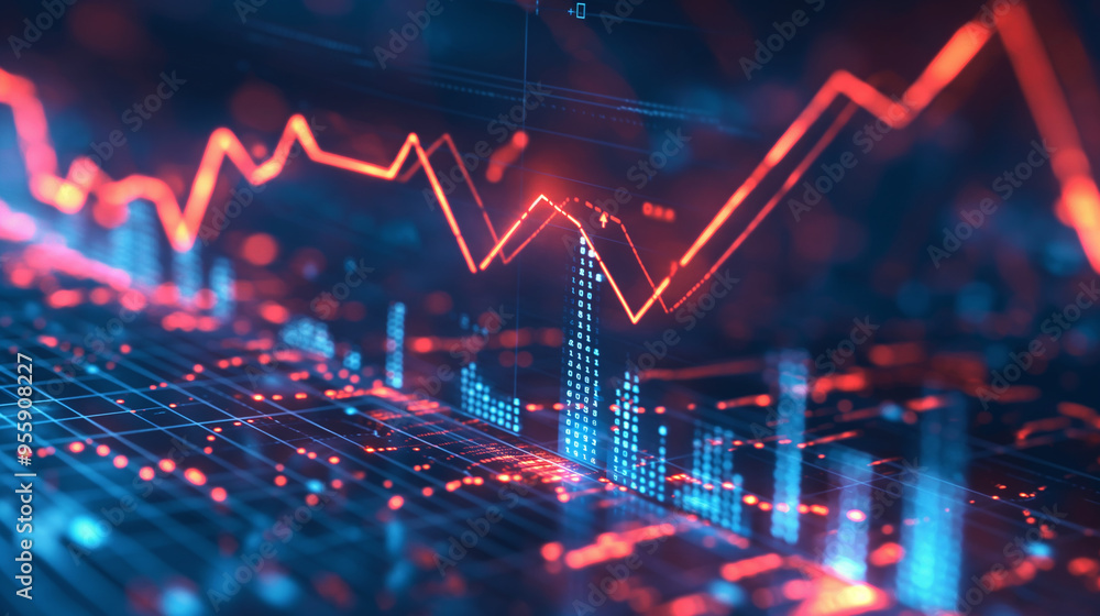 Abstract Digital Stock Market Graph with Red Line Rising on a Blue Background Abstract Digital Stock Market Graph with Red Line Rising on a Blue Background