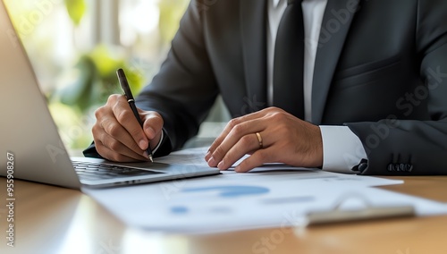 Businessman Signing Contract on Laptop with Pen, Meeting, Agreement, Professional, Workplace, Success, Focus, Office, Corporate, Executive