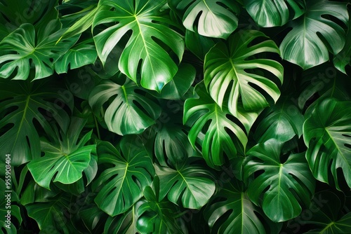 Green leaves of a philodendron plant. Nature leaves, green tropical forest, backgound concept , ai