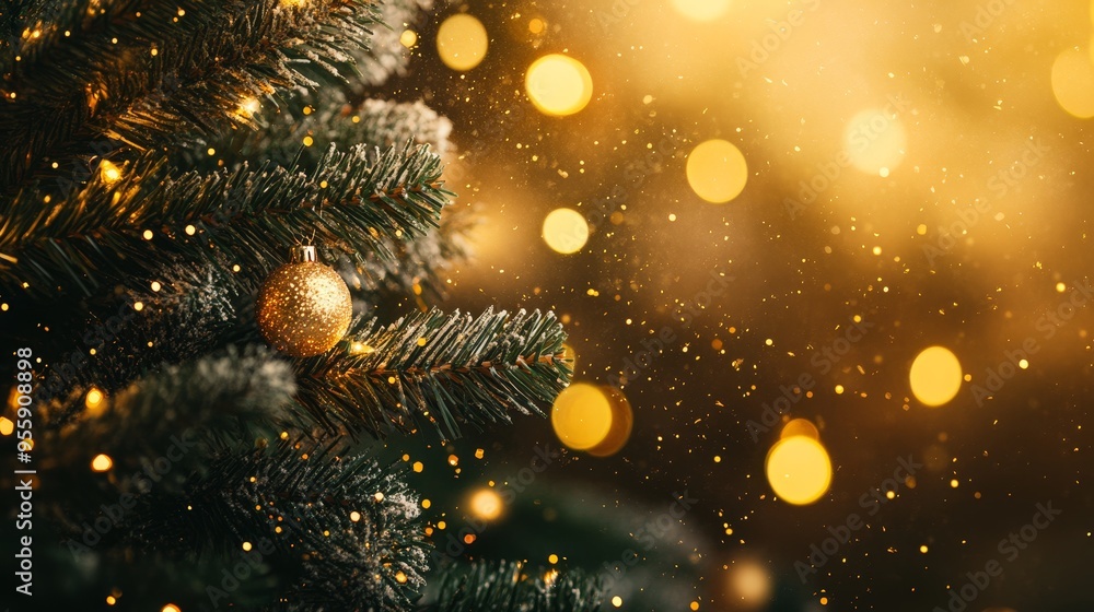 Christmas tree with gold blurred lights. Christmas background Christmas tree with gold blurred lights. Christmas background