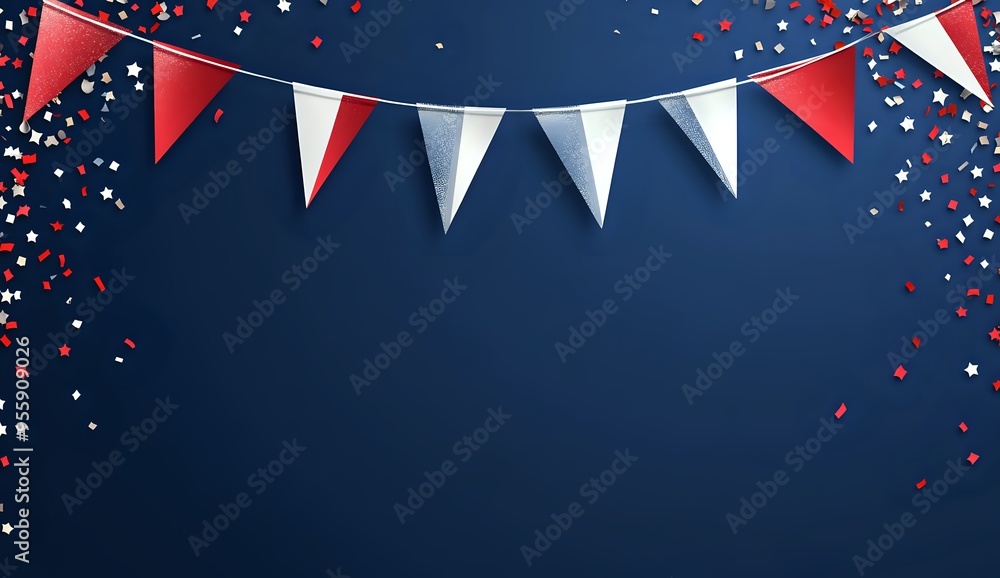 Fototapeta premium Red, White, and Blue Bunting Flags with Confetti on a Blue Background