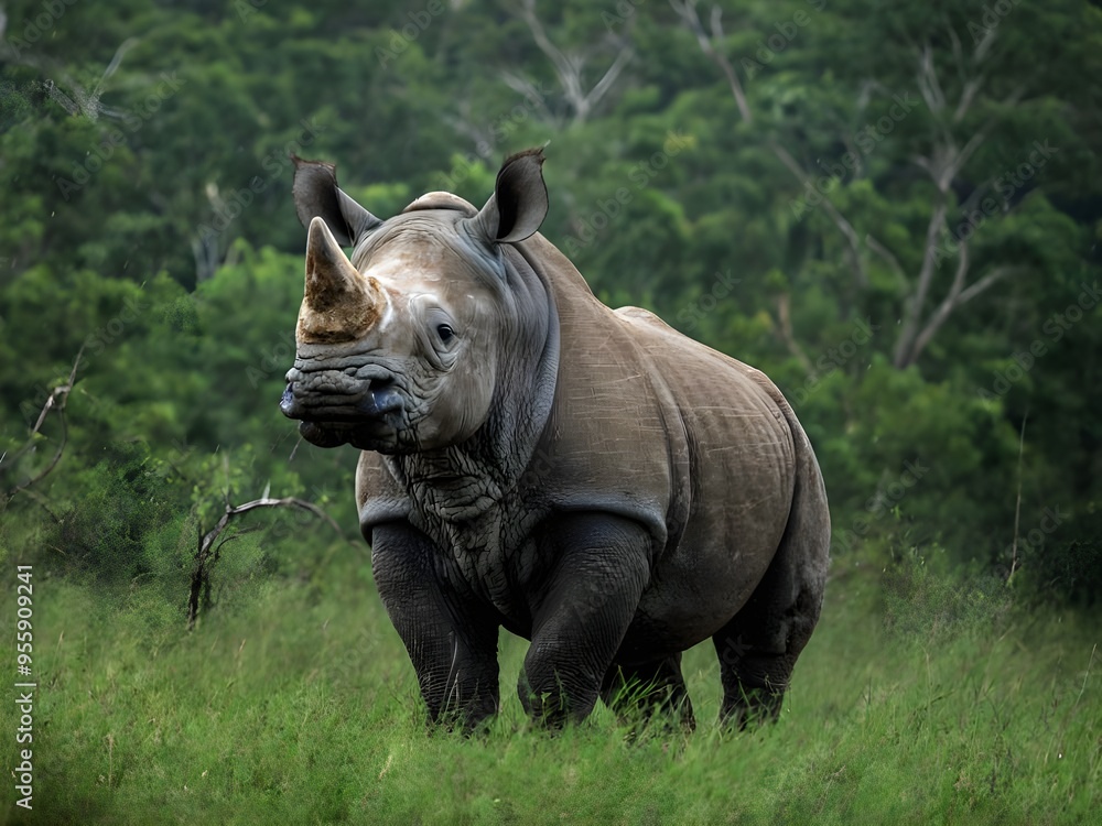 Obraz premium adult rhinoceros standing in the center of a grassy clearing