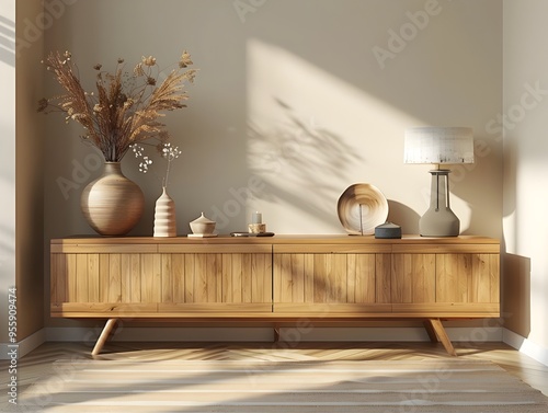 Minimalist Wooden Sideboard with Decorative Items in Serene Room Setting photo