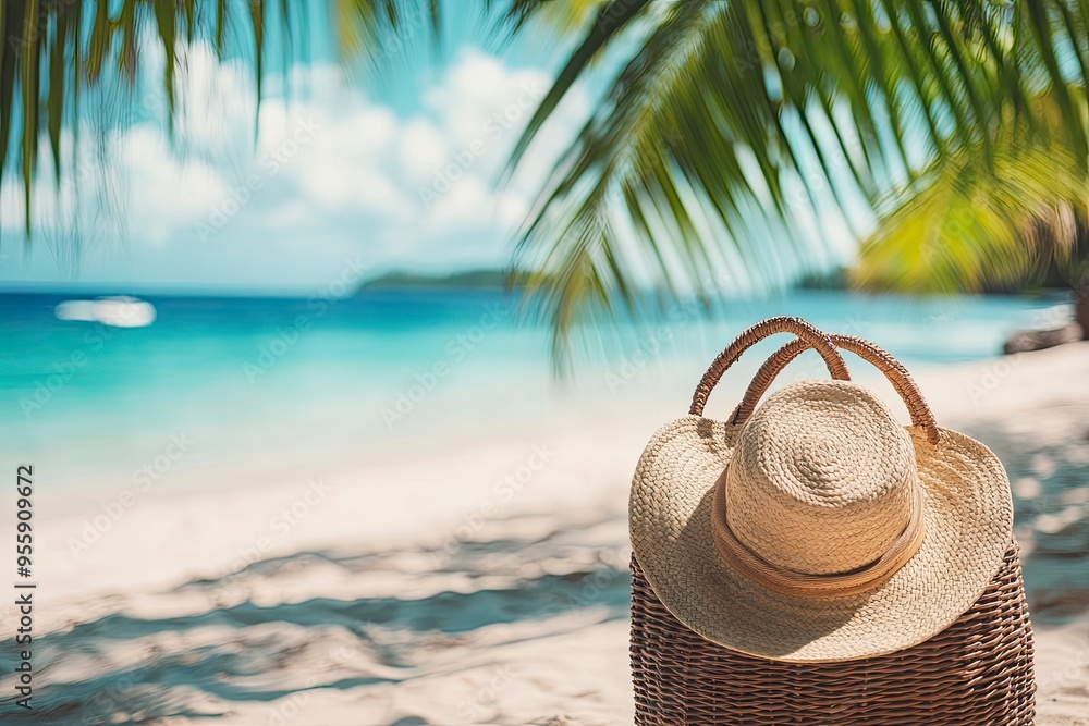 Summer Vacation - Accessories In Bag In Tropical Beach With Defocused Ocean, ai Summer Vacation - Accessories In Bag In Tropical Beach With Defocused Ocean, ai