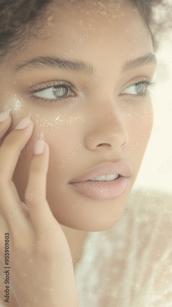 Beautiful African American Woman Gently Touching Her Smooth, Radiant Skin, Skincare Routine with Hydrating Serum for Healthy, Glowing Skin Beautiful African American Woman Gently Touching Her Smooth, Radiant Skin, Skincare Routine with Hydrating Serum for Healthy, Glowing Skin