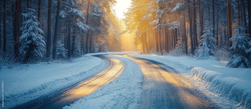 Snowy Road through Winter Forest Snowy Road through Winter Forest