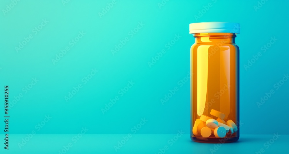 Bottle of Pills with Empty Label on the Right Against a Blue Background. Dark Brown Bottle Slightly Tilted on Light Gray Surface Bottle of Pills with Empty Label on the Right Against a Blue Background. Dark Brown Bottle Slightly Tilted on Light Gray Surface
