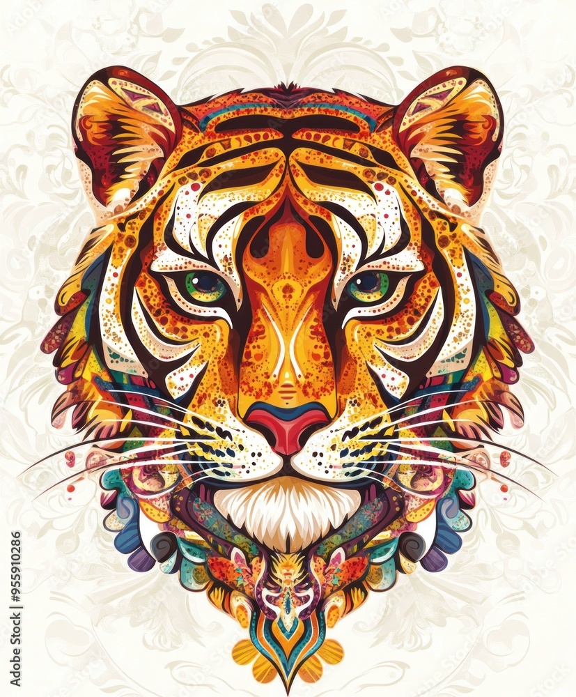 A vibrant, artistic representation of a tiger's face with intricate patterns and colors. A vibrant, artistic representation of a tiger's face with intricate patterns and colors.