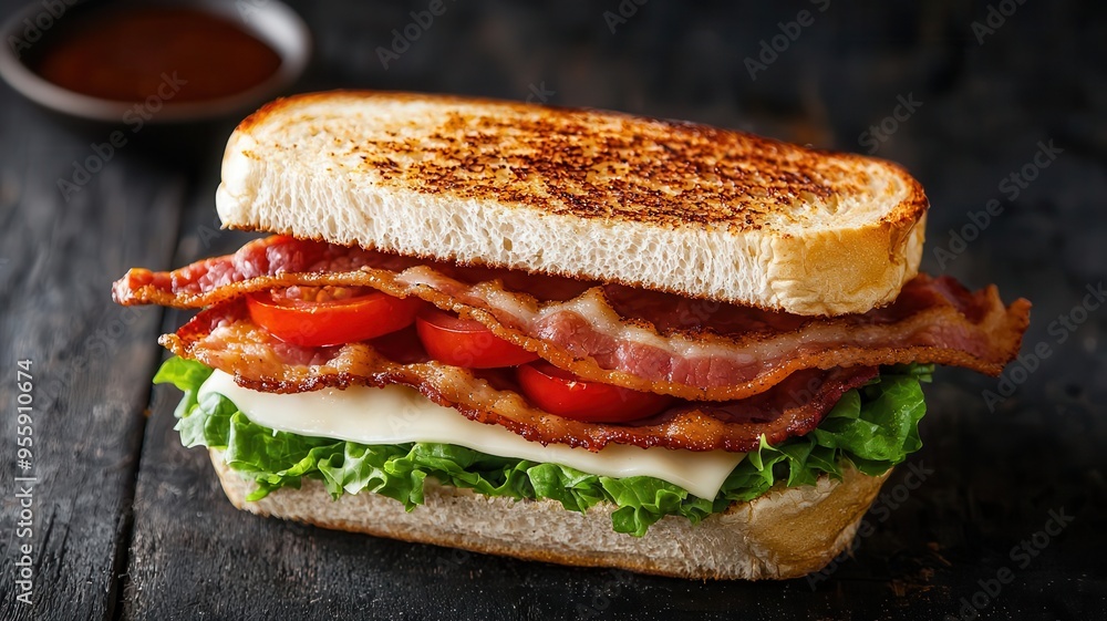 A BLT sandwich with crispy bacon, fresh lettuce, and juicy tomatoes on a toasted baguette, photorealistic, hyper-resolution, classic and gourmet A BLT sandwich with crispy bacon, fresh lettuce, and juicy tomatoes on a toasted baguette, photorealistic, hyper-resolution, classic and gourmet