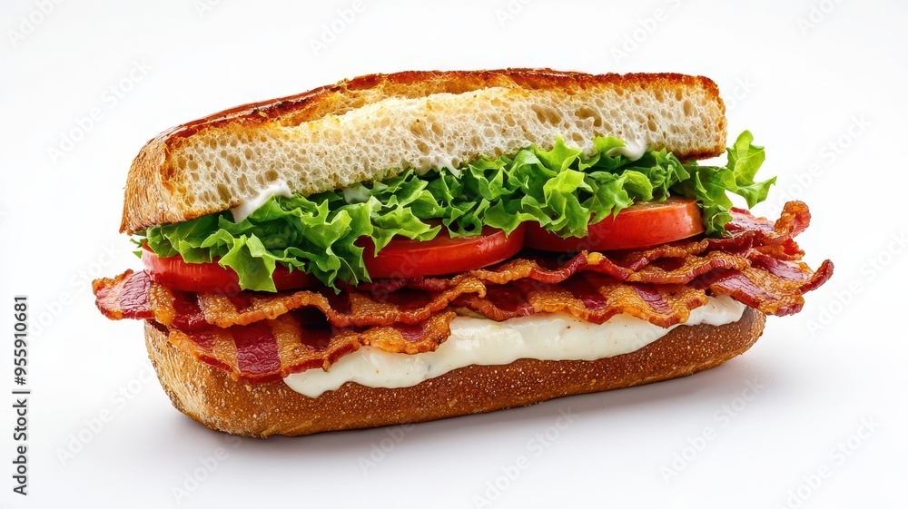 A BLT sandwich with crispy bacon, fresh lettuce, and juicy tomatoes on a toasted baguette, photorealistic, hyper-resolution, classic and gourmet A BLT sandwich with crispy bacon, fresh lettuce, and juicy tomatoes on a toasted baguette, photorealistic, hyper-resolution, classic and gourmet