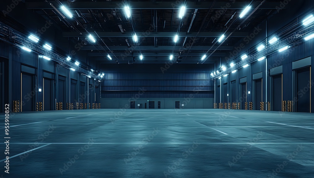 Fototapeta premium Empty Warehouse with Bright Fluorescent Lights and Garage Doors