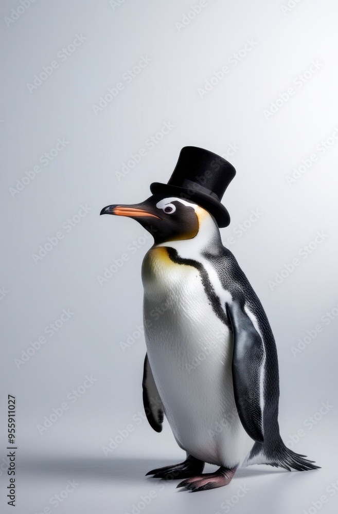 Fototapeta premium A penguin wearing a top hat, posed elegantly against a minimalistic background.