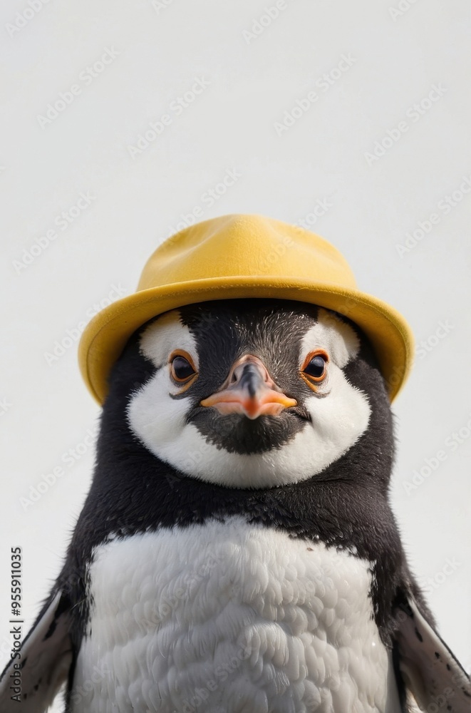 Fototapeta premium A penguin wearing a yellow hat, looking directly at the camera.