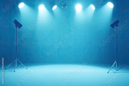 Studio stage lighting pastel blue tone color for product display showcase demonstration decoration. Abstract spot light glowing flaring photo studio setup stage backdrop , ai