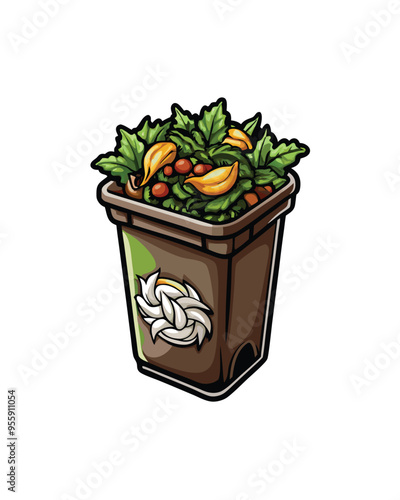 Editable vector illustration of a brown compost bin filled with food scraps and leaves.