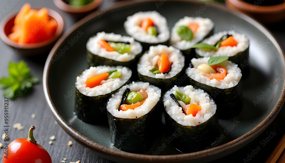 Closeup of Salmon and Vegetable Sushi Rolls on a Plate Closeup of Salmon and Vegetable Sushi Rolls on a Plate