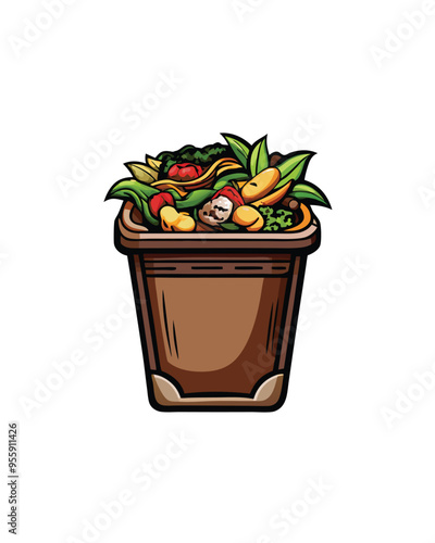 Editable stroke vector of a compost bin with organic waste like banana peels, apple cores, vegetable scraps, and leaves.