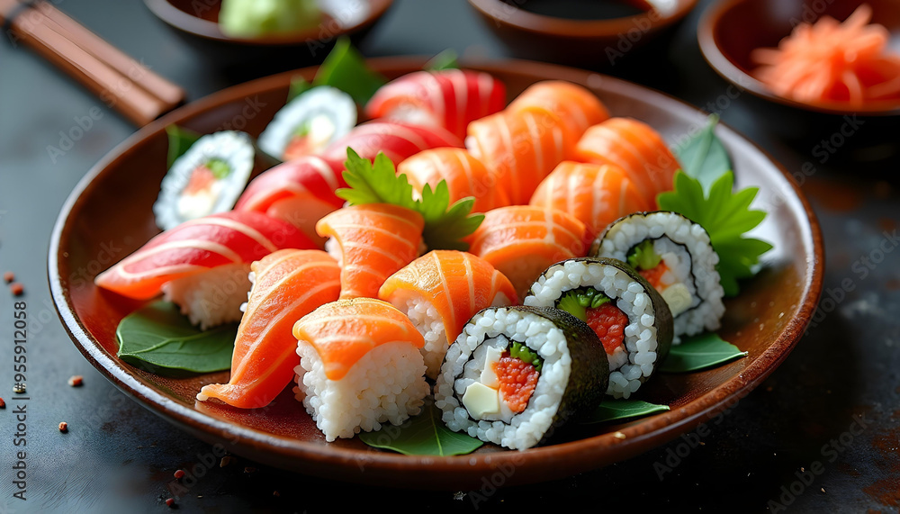 Assorted Nigiri and Maki Sushi on a Wooden Plate Assorted Nigiri and Maki Sushi on a Wooden Plate
